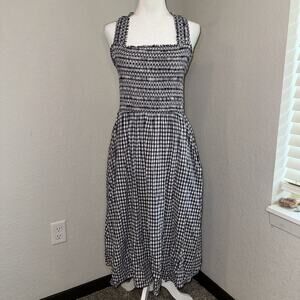 MNG Mango Cotton Dress Women’s 10 Black White Vichy Check Cross Back Gathered